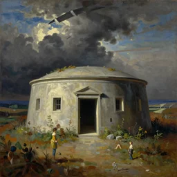 [Oil painting of a bunker in a stunning landscape by Giorgio de Chirico, Rene Magritte, George Tooker, Titian]