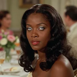 the image is a lost hollywood film still 1 9 4 0 s photograph of a black woman with ebony skin, long hair, and silver - colored eyes attending a wedding banquet. vibrant cinematography, anamorphic lenses, crisp, detailed image in 4 k resolution.