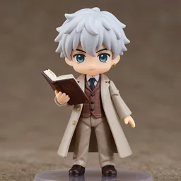 nendoroid aziraphale from good omens, holding a book, good omens tv series, white curly short hair, beige suit, long coat, brown tartan vest, michael sheen