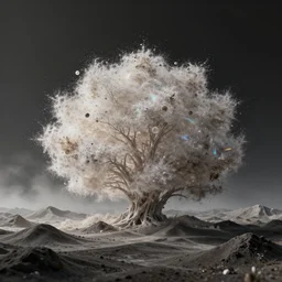landscape render, houdini software, simulation, volumetric, physical particles, translucence, cinematic lighting, iridescence