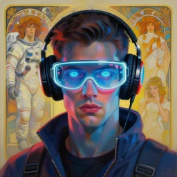 neon cyberpunk programmer with glowing geordi visor over eyes and sleek headphones headshot portrait painting by christopher balaskas, donato giancola, rhads, alphonse mucha, mead schaeffer astronaut fashion photography