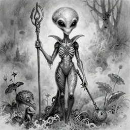 a b & w grunge drawing of a pleiadean extraterrestrial, in the style of ryan hewett and a tim burton character, loony toons style, horror themed, detailed, elegant, intricate, trending on artstation, 4 k