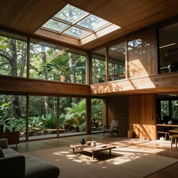 midcentury apartment interior by frank lloyd wright, open to forest with skylights