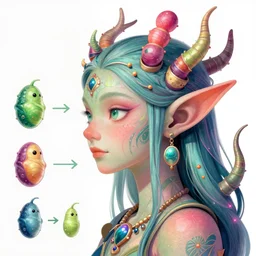 fantasy art, psychedelic, vibrant, detail, DMT elf ,  portrait, detail, Evolution arriving at a DMT elf, Larval Stages of the Soul Before Ascension  1) Mythical, 2) Machiavellian, 3) Religious Traditional, 4) Scientific Secular, 5) Postmodern Multiculturalist, 6) Burner, 7) DMT Elf
