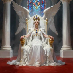 monumental epic legends fantasy painting of throne room with red ground and the queen sit with long white dress and ritual summun guardian angel gemstone incrusted in crown and white colone like greek temple volume lighting dark fog ray stained glass artstation fanart , by Jason Felix by Steve Argyle by Tyler Jacobson by Peter Mohrbacher