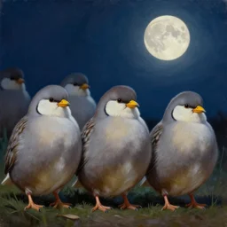 a row of fat bearded reedlings, 3 d model, oil painting, midnight, moonlight, full moon, highly detailed, intricate, hyper realistic