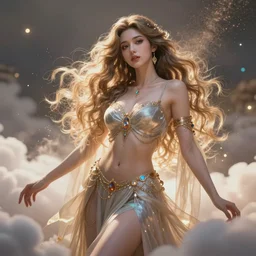 a beautiful female goddess of fiat character, character is in all its glory, character is in her natural relaxed pose, rim lights, particles and dust in the air, fancy clouds, highly detailed professional photo, dynamic lights, particles are flying, depth of field, trending on artstation, illustration, hyper realistic, vray caustics, super detailed, colorful accents, cinematic shot
