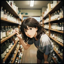 lomography, portrait of a young woman in a alchemist's potion shop interior shopping, face by yoshinari yoh, dynamic pose and perspective, detailed facial features, curvilinear, kyoani, anime frames