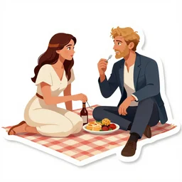 by jimmy lawlor sticker illustration, ancient greek insane, meticulous. a digital art of a young woman & a well - dressed man enjoying a picnic lunch on a grassy knoll. the man is shown seated facing the woman, & he is looking directly at her. both figures are surrounded by a dense forest.