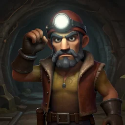 portrait of a miner with headlamp as a character in the game League of Legends, dimly lit tunnel, detailed rugged face, old 3d graphics