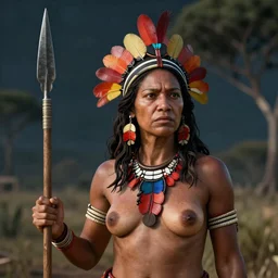 Pauline Hanson, dressed as an Australian Aboriginal, with a spear in her hand, by Moebius and Giger, greg rutkowski, very coherent, cinematic, hyper realism, high detail, vivid colors, octane render, unreal engine, 8k, Smooth gradients, High contrast, depth of field by Jacek Yerka