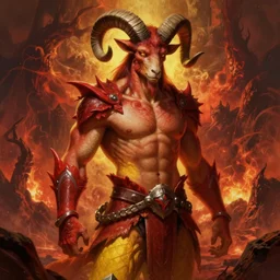 portrait of a beautiful young fit male demon with ram horns, scaly torso, goat head, armored legs, hellish scene, by greg rutkowski and alphonse mucha, d & d character, gradient red to yellow, in front of an hellish landscape background, highly detailed portrait, digital painting, artstation, concept art, smooth, sharp focus ilustration, artstation hq