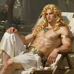 Bacchus the pale blond Greek God league of legends on his day off, reclining on a lounge, long fluffy curly blond hair with Center parted curtain bangs, highly detailed, digital painting, artstation, concept art, golden ratio composition, smooth, sharp focus, illustration, ArtStation, art by artgerm and greg rutkowski and alphonse mucha and Edmund Blair Leighton and Charlie Bowater