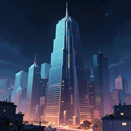 city in the style of cyberpunk, singular gigantic building focus, space sky, anime illustration, low poly