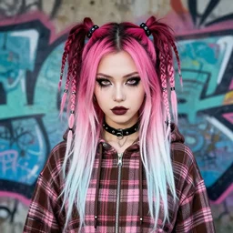 highly detailed portrait of a sewer punk lady, tartan hoody, ringlet hair by atey ghailan, by greg rutkowski, by greg tocchini, by james gilleard, by joe fenton, by kaethe butcher, gradient pink, brown, light blue and white color scheme, grunge aesthetic!!! ( ( graffiti tag wall background ) )