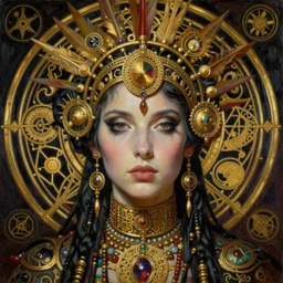 hyper realistic painting portrait of the lady of punk, occult diagram, elaborate details, detailed face, intrincate ornaments, gold decoration, occult art, oil painting, art noveau, in the style of roberto ferri, gustav moreau, jean delville, bussiere, andrew gonzalez