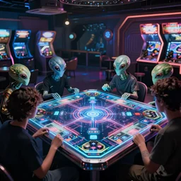 scifi holographic dueling board game played by aliens at a cyber space arcade lounge