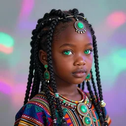 stunning portrait of one cute little african girl with a beautiful braid and dreamy emerald eyes, wearing traditional attire and beautiful ornaments, vibrant neon fogs and light in the bokeh background, 85mm photography style, photorealistic, digital painting, smooth, well focused, volumetric soft lighting, afrofuturism style, artstation HD, 8K