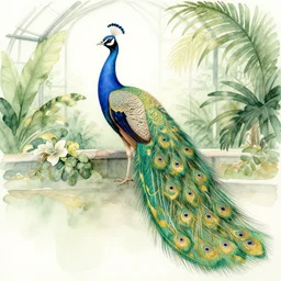 faerie peacock in a tropical greenhouse. this watercolor and gold leaf work by the award - winning mangaka has a beautiful composition, dramatic lighting and intricate details.