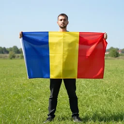 a man holding a romanian flag on a grassy field on a sunny day, hyper realistic.