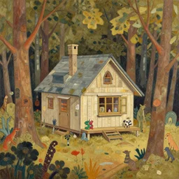 a cabin tucked away in the woods with creatures about by matthew forsythe, detailed, intricate, warm tones, paper collage, oil on canvas by moebius