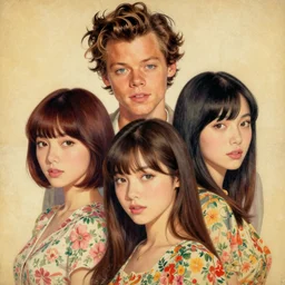 “ harry styles portrait by ikenaga yasunari and ayana otake and ko rakusui, 6 0 s poster, drawing, realistic, sharp focus, japanese, dreamy, nostalgia, faded, golden hues, floral clothes ”
