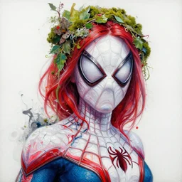 a portrait of beautiful spiderwoman by irakli nadar with intricate detailed color smashing fluid oil paint and acrylic, ornate, moss and leaves headdress, melting wax, mycelia, abstract impressionism, ruan jia, dark fantasy, hyper detailed, concept art, by gustav klimt, by sue bryce, moody lighting, black background