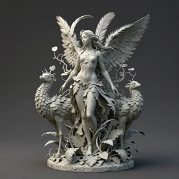 a sculpture of mythical creatures by hannah yata, elegant female emerging from feathers and plants, leaves and vines, artstation, concept art, ambient occlusion, vray render,