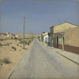 deserted street in colonia El Viso, Madrid, realist painting by María Moreno, 1981