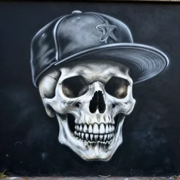 a spraypainted mural of a skull with a baseball cap, in the style of hiphop, intricate, dark color scheme, black background