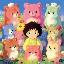 vintage 90\'s anime mixed with pastel impasto highly rhythmic expressionistic wild symmetrical  cutest fluffy furry adorable portrait pleasing palette trending on artstation funhouse surreal unpredictable wild unexplainable fantasy land you could not have dreamed of in the gritty posterized grainy analog style of studio Ghibli and 1960s americana Comics, HQ 8k scan