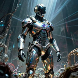 a survivor in a toxic environment wearing a complex and hyperdetailed technical suit. reflection and dispersion materials. rays and dispersion of light. volumetric light. f / 3 2. noise film photo. flash photography. ultra realistic, wide angle. anaglyph materials, poster by wayne barlowe, mike winkelmann, craig mullins. holographic poster