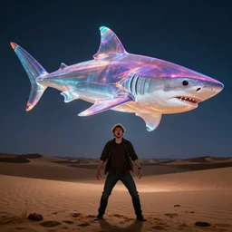 a holographic projection of a huge colorful transparent shark appears in the desert at night, a man is stunned, by anton fadeev and beeple, highly - detailed, fantasy