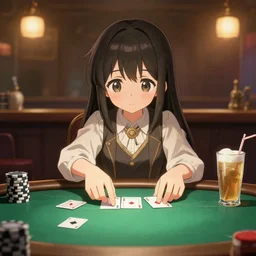 anime character playing poker and drinking in a cozy bar 1 2 3 4, volumetric lighting, hyper real, pencil art, moody lighting, cute, comfy