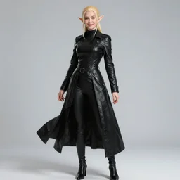 full body portrait of beautiful elf, skintight jet black leahter coat, black leggins, blond ponytail haircut, happy, high fantasy, extemely detailed, dnd, smooth, sharp focus, art nouveau, by artgerm, sakimichan, rossdraws