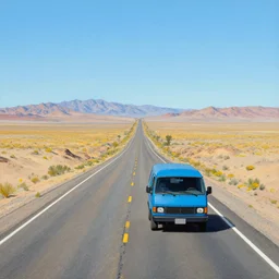 a beautiful painting of a lone blue van driving down a single highway running through a deserted nevada highway, drawn by todd macfarlane and greg rutkowski.