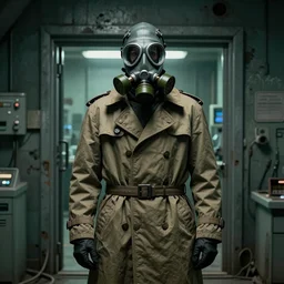 UHD hyperrealistic photorealistic detailed image of a man in a survival trenchcoat, wearing a full-head gasmask, inspired by the Stalker video game series standing in front of an laboratory door, in a ruined and dark underground lab with a green undertone by Ayami Kojima Amano Karol Bak, Greg Hildebrandt and Mark Brooks