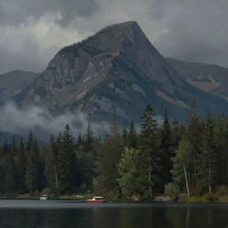 realistic beautiful dark mountain covered in grey smoke with evergreen trees and a lake with boats in the foreground, hyperrealistic, high detail, oil painting, 8 k,