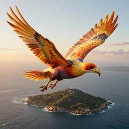 a close - up shot of a phoenix flying over an island, golden hour, digital art, award - winning, hyper detailed, 4 k, smooth, sharp focus, trending