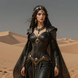 a beautiful exotic female fremen, in a still suit on dune, dark fantasy, intricate, elegant, highly detailed, digital painting, artstation, concept art, matte, sharp focus, illustration, art by artgerm and alphonse mucha