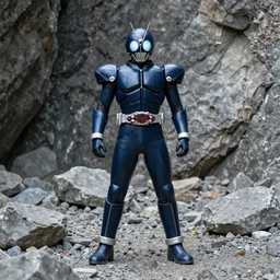 High Fantasy Kamen Rider standing in a rock quarry, single character full body, 4k, glowing eyes, daytime, rubber suit, dark blue armor, segmented armor, centered