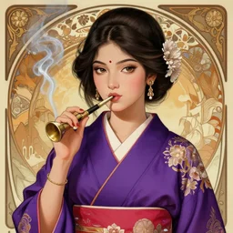 hyperdetailed portrait of a cute young hyderabadi woman in a purple kimono smoking a bong, digital painting, artstation hq, sharp foccus ilustration, artstation hq. intricate, elegant. wlop, artgerm, greg rutkowski, alphonse mucha, medium shot. dan mumford, tomokazu matsuyama, takato 4 yamamoto