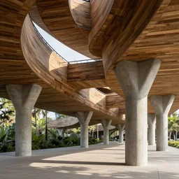 biophilic architecture wood roofs and concrete collumns bridge