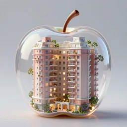 photo of an apartment block inside a translucent apple. Intricate, very detailed, 8k, fantasy