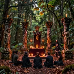 photo of dark altar in the woods, cultists ritual, candles, ruined columns, statues od ancient gods, craig mullins greg rutkowski, artstation, cgsociety saturated colors
