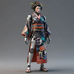 full body photo of a punk geisha robot 2 1 savage with kanji tattoos and decals wearing a digital pixelated kimono, intricate design, photo - realistic, octane render, ultra fine detailed, character design, trending on artstation