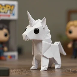 beautiful three point perspective film still of funko pop origami unicorn in blade runner, extreme closeup portrait in style of frontiers in miniature porcelain photography fashion architectural art studio edition, miniature porcelain portrait, eye contact, tilt shift style scene background, soft lighting, kodak portra 4 0 0, 8 k, macro, cinematic style by emmanuel lubezki