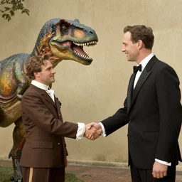 President shaking hands with a dinosaur; Historical Photos