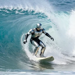 a still of robocop surfing a huge wave 4 k, professional.