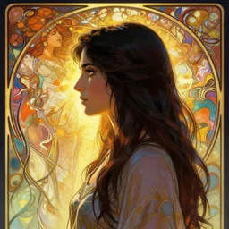 side profile portrait of maya ali sorcerer, by sargent and leyendecker and greg hildebrandt highly detailed, stephen bliss, unreal engine, by greg rutkowski, loish, ferdinand knab, kuvshinov, rossdraws, tom bagshaw, alphonse mucha, global illumination, radiant light, abstract rippling background, gaudy colors